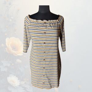Striped Off-Shoulder Ribbed Knit Dress XL Button Front Bodycon Mustard Neutral